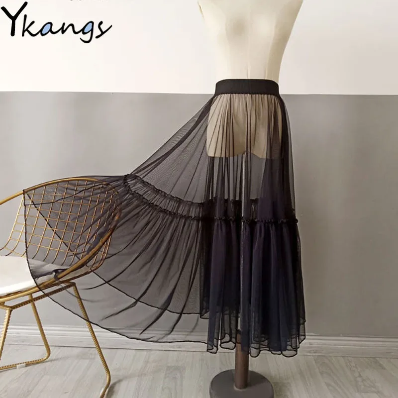 2020 Women Sexy Mesh Transparent Long Tulle Skirt Korean Fashion Summer Ladies Elastic High Waist Black White Beach Midi Skirt