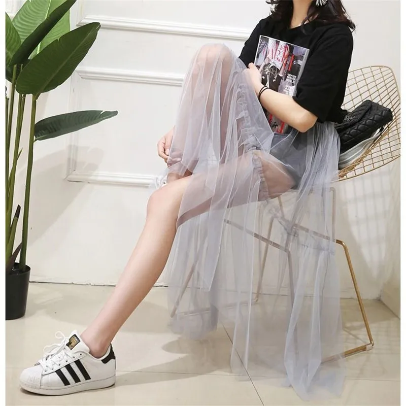2020 Women Sexy Mesh Transparent Long Tulle Skirt Korean Fashion Summer Ladies Elastic High Waist Black White Beach Midi Skirt