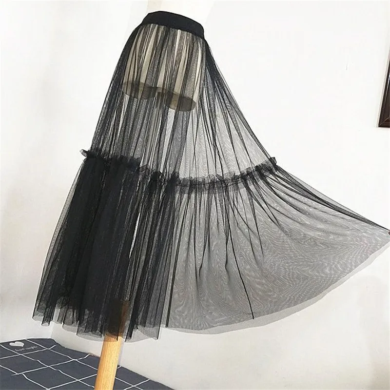 2020 Women Sexy Mesh Transparent Long Tulle Skirt Korean Fashion Summer Ladies Elastic High Waist Black White Beach Midi Skirt