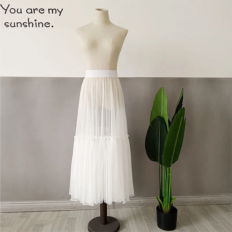 2020 Women Sexy Mesh Transparent Long Tulle Skirt Korean Fashion Summer Ladies Elastic High Waist Black White Beach Midi Skirt