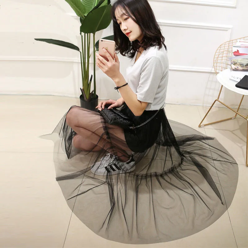 2020 Women Sexy Mesh Transparent Long Tulle Skirt Korean Fashion Summer Ladies Elastic High Waist Black White Beach Midi Skirt
