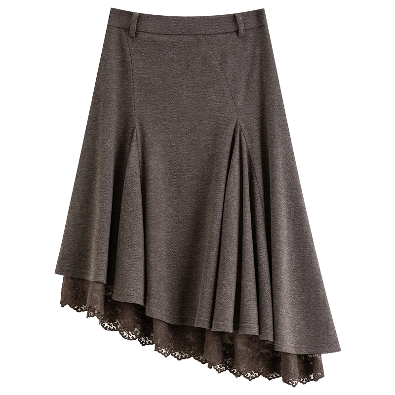 FSLE 2026 Winter Women's Vintage-Inspired Elegant Lace Panel Asymmetric Hem Midi Skirt - Chic Flattering for Everyday Wear