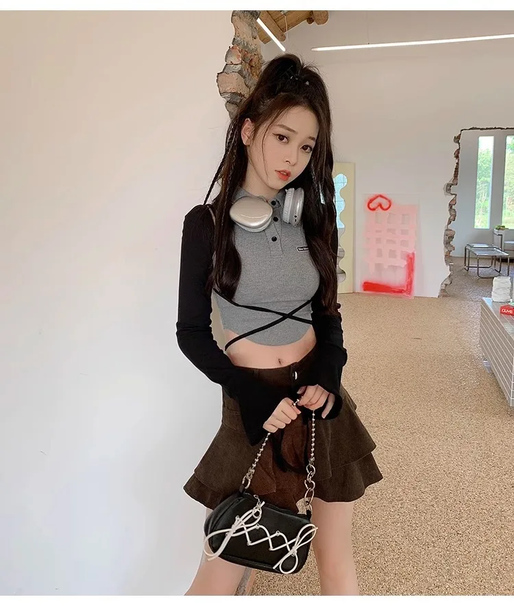Retro Brown Corduroy Mini Skirt for Women Autumn Winter High-waisted A Line Ruffle Skirts Women Anti-Glare Cake Puff Skirt