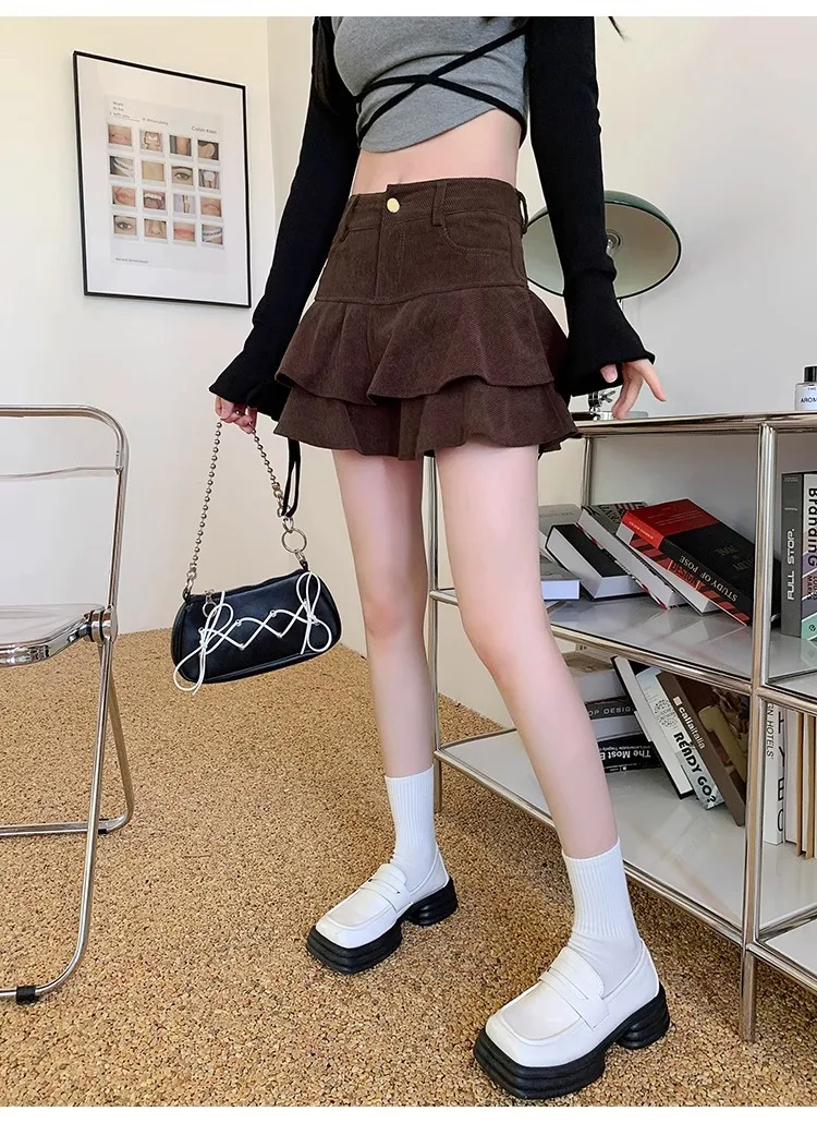 Retro Brown Corduroy Mini Skirt for Women Autumn Winter High-waisted A Line Ruffle Skirts Women Anti-Glare Cake Puff Skirt