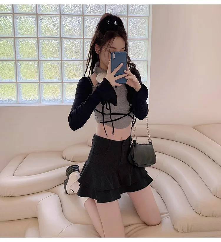 Retro Brown Corduroy Mini Skirt for Women Autumn Winter High-waisted A Line Ruffle Skirts Women Anti-Glare Cake Puff Skirt