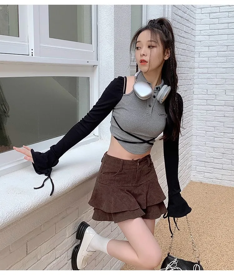 Retro Brown Corduroy Mini Skirt for Women Autumn Winter High-waisted A Line Ruffle Skirts Women Anti-Glare Cake Puff Skirt