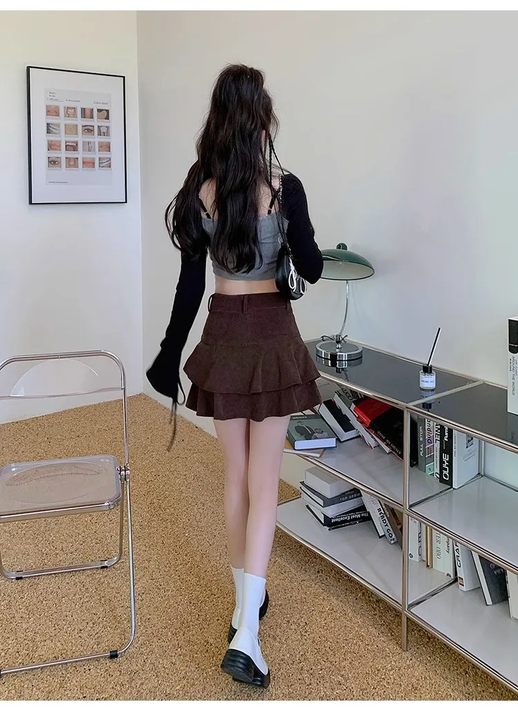 Retro Brown Corduroy Mini Skirt for Women Autumn Winter High-waisted A Line Ruffle Skirts Women Anti-Glare Cake Puff Skirt