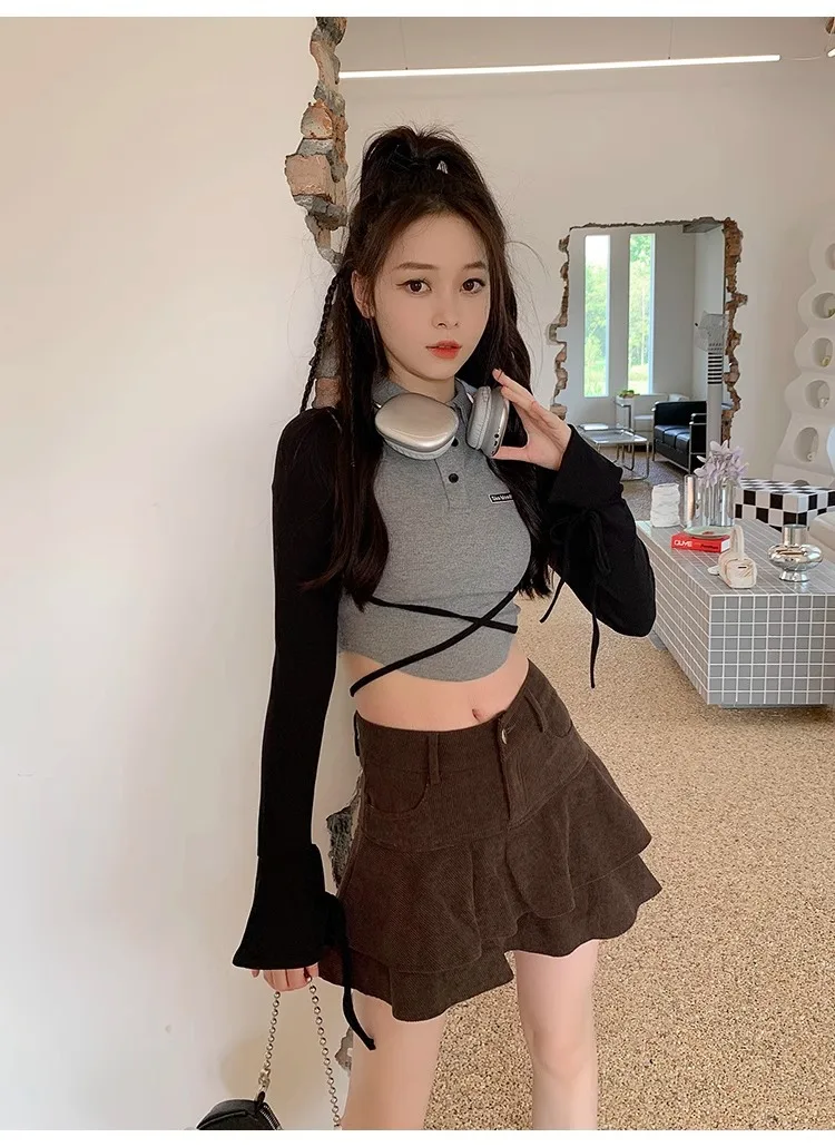 Retro Brown Corduroy Mini Skirt for Women Autumn Winter High-waisted A Line Ruffle Skirts Women Anti-Glare Cake Puff Skirt