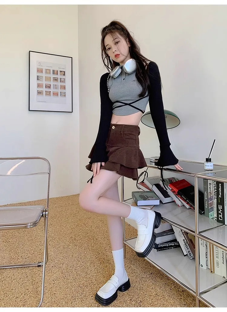 Retro Brown Corduroy Mini Skirt for Women Autumn Winter High-waisted A Line Ruffle Skirts Women Anti-Glare Cake Puff Skirt