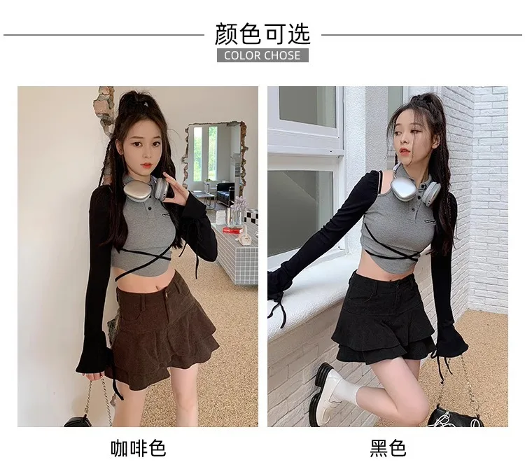 Retro Brown Corduroy Mini Skirt for Women Autumn Winter High-waisted A Line Ruffle Skirts Women Anti-Glare Cake Puff Skirt