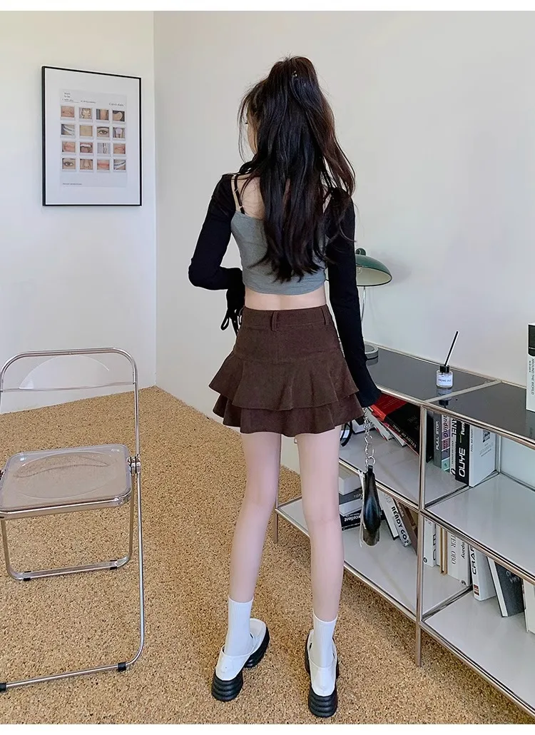 Retro Brown Corduroy Mini Skirt for Women Autumn Winter High-waisted A Line Ruffle Skirts Women Anti-Glare Cake Puff Skirt