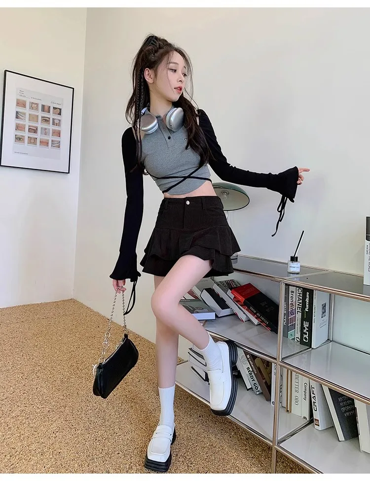 Retro Brown Corduroy Mini Skirt for Women Autumn Winter High-waisted A Line Ruffle Skirts Women Anti-Glare Cake Puff Skirt