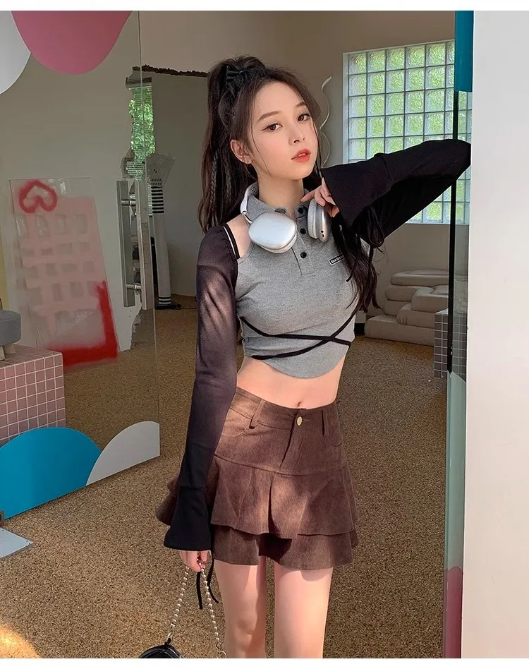 Retro Brown Corduroy Mini Skirt for Women Autumn Winter High-waisted A Line Ruffle Skirts Women Anti-Glare Cake Puff Skirt