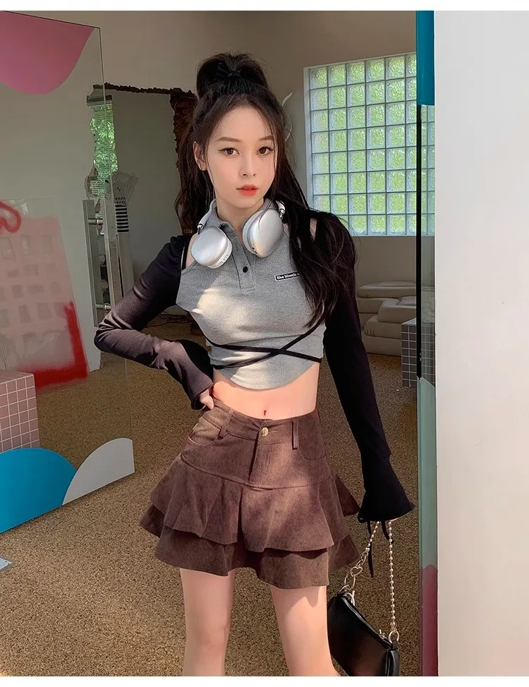 Retro Brown Corduroy Mini Skirt for Women Autumn Winter High-waisted A Line Ruffle Skirts Women Anti-Glare Cake Puff Skirt