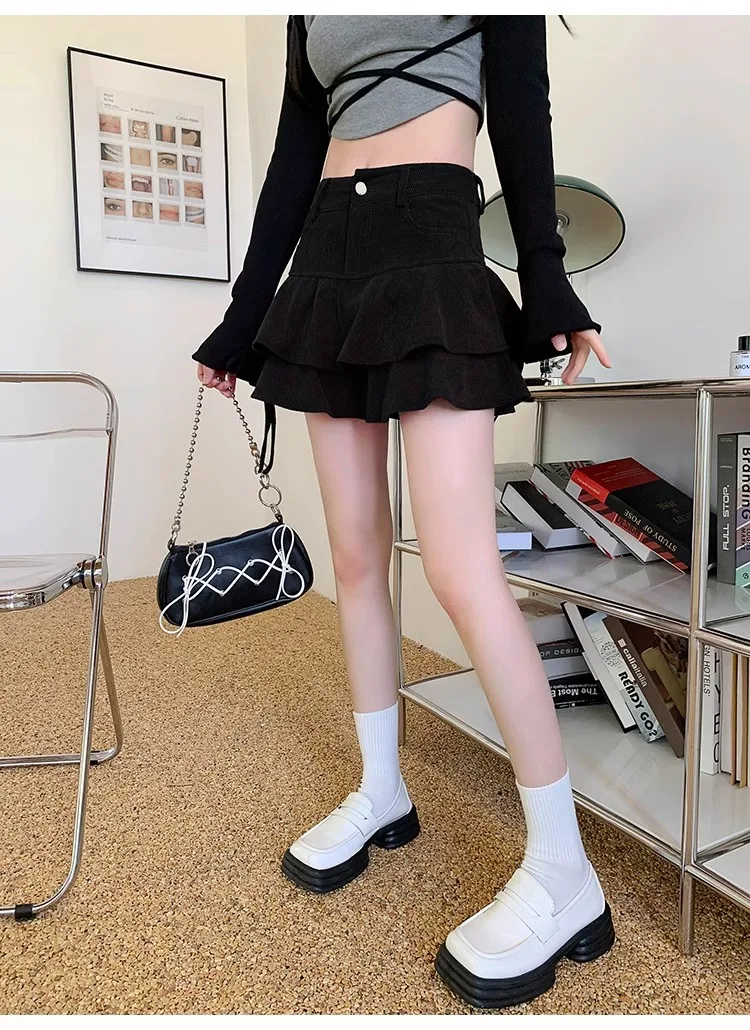 Retro Brown Corduroy Mini Skirt for Women Autumn Winter High-waisted A Line Ruffle Skirts Women Anti-Glare Cake Puff Skirt
