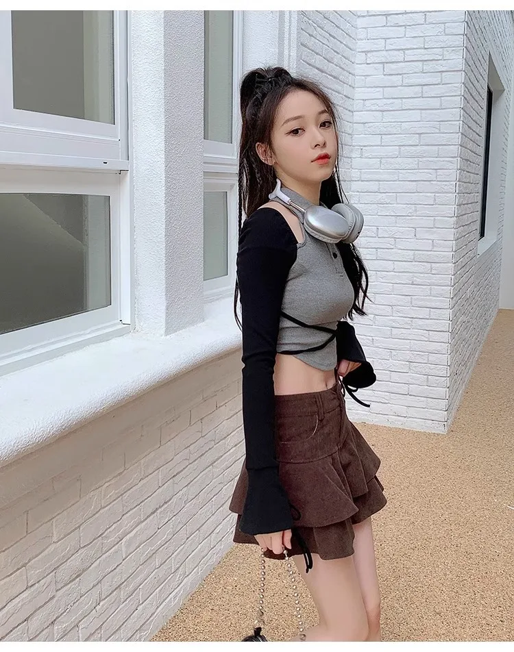 Retro Brown Corduroy Mini Skirt for Women Autumn Winter High-waisted A Line Ruffle Skirts Women Anti-Glare Cake Puff Skirt