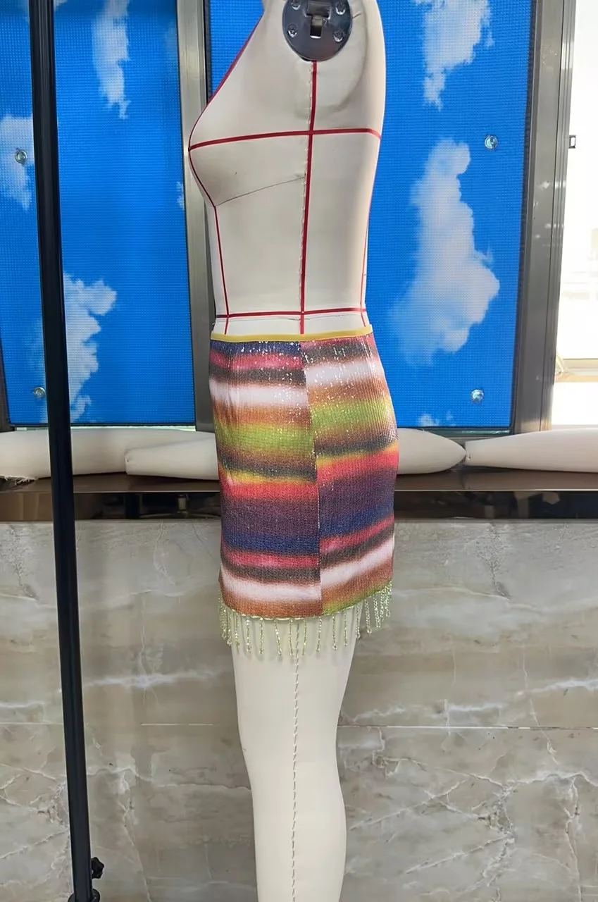 hirigin Women's Y2K Sequined Mini Skirts Fashion Low Waist Rainbow Color Tassel Hem Slim Fit Skirts Short Night Club Dress