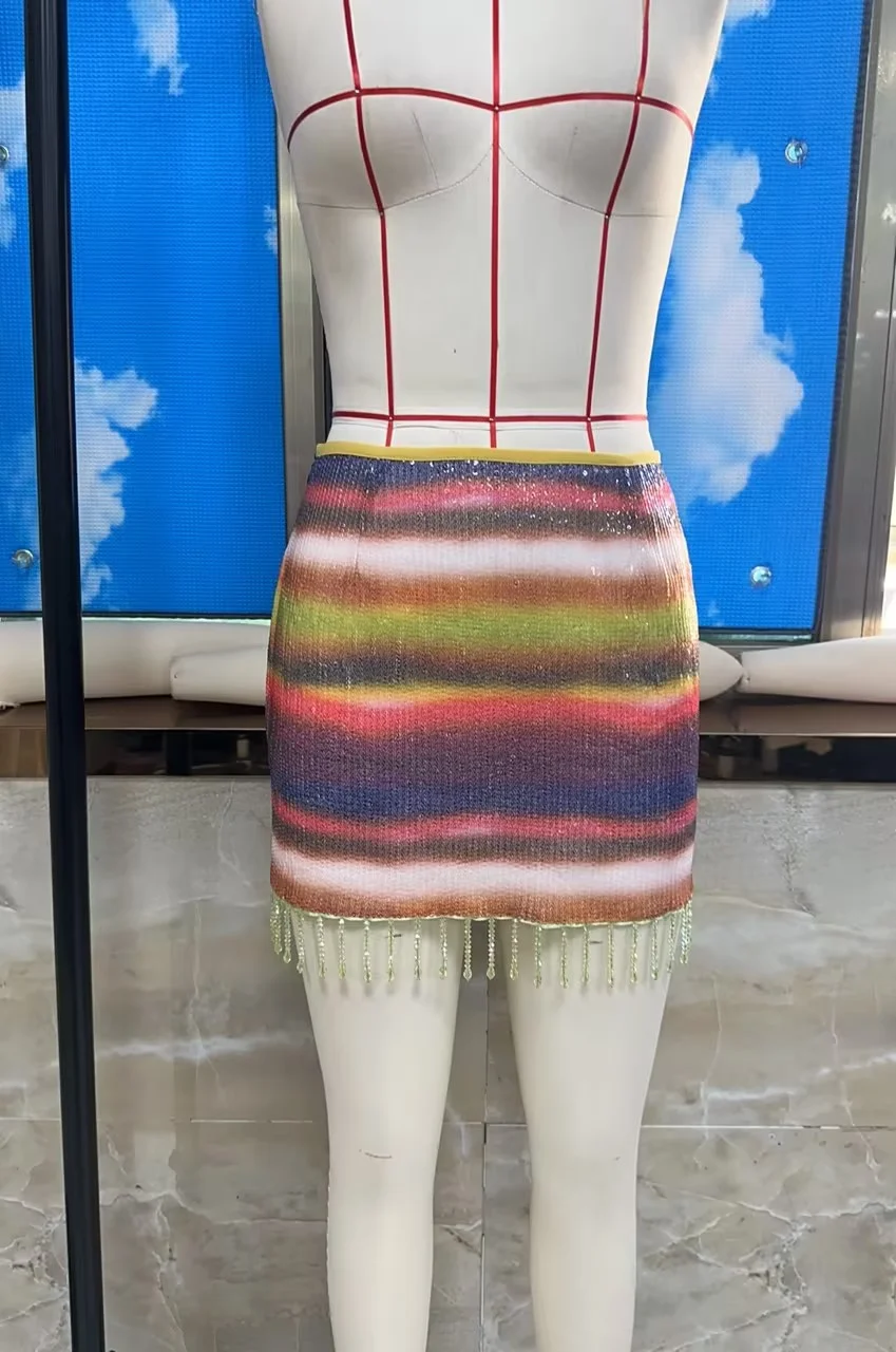 hirigin Women's Y2K Sequined Mini Skirts Fashion Low Waist Rainbow Color Tassel Hem Slim Fit Skirts Short Night Club Dress