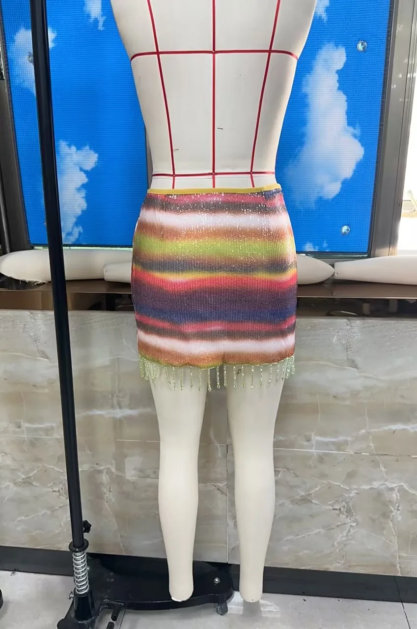 hirigin Women's Y2K Sequined Mini Skirts Fashion Low Waist Rainbow Color Tassel Hem Slim Fit Skirts Short Night Club Dress