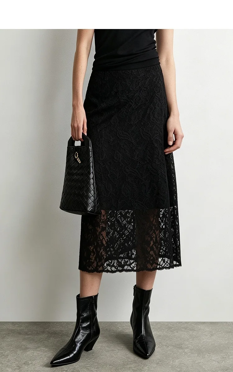 Amii 2026 Autumn New Skirt for Women Fashion Velvet Splice Paisley Lace Midi Skirt Split Straight Casual Woman Clothing 12643057