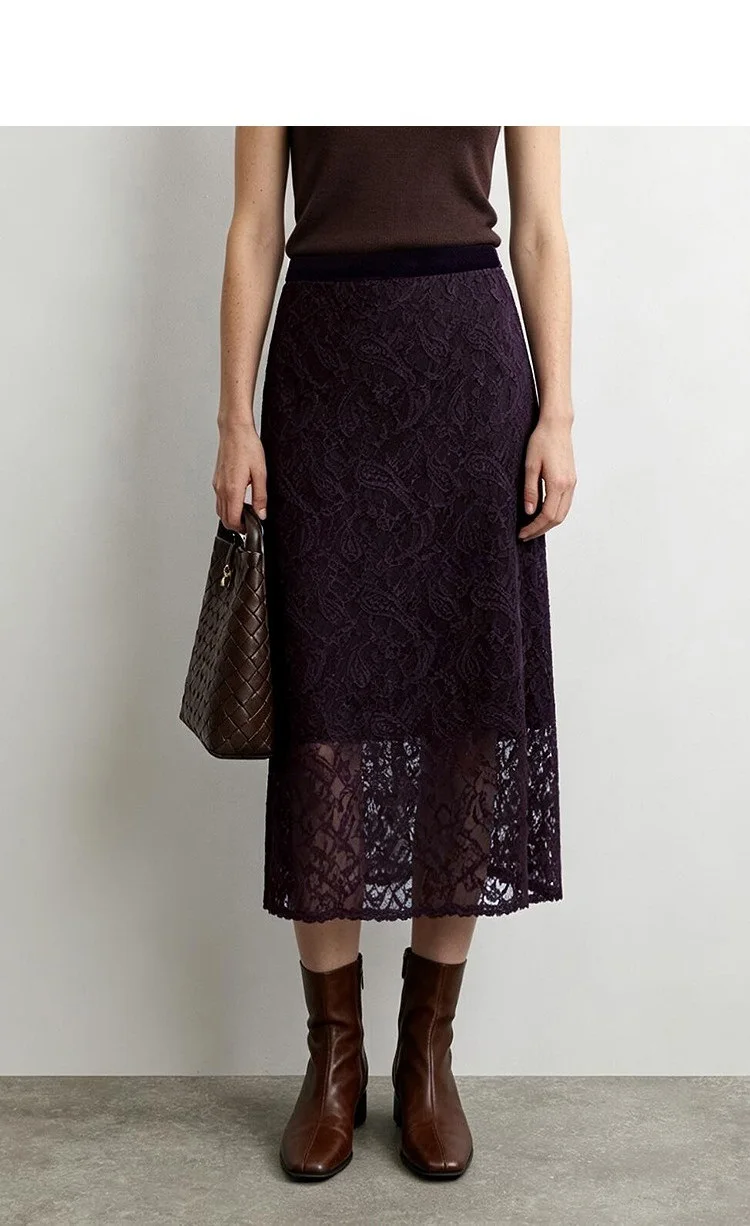 Amii 2026 Autumn New Skirt for Women Fashion Velvet Splice Paisley Lace Midi Skirt Split Straight Casual Woman Clothing 12643057
