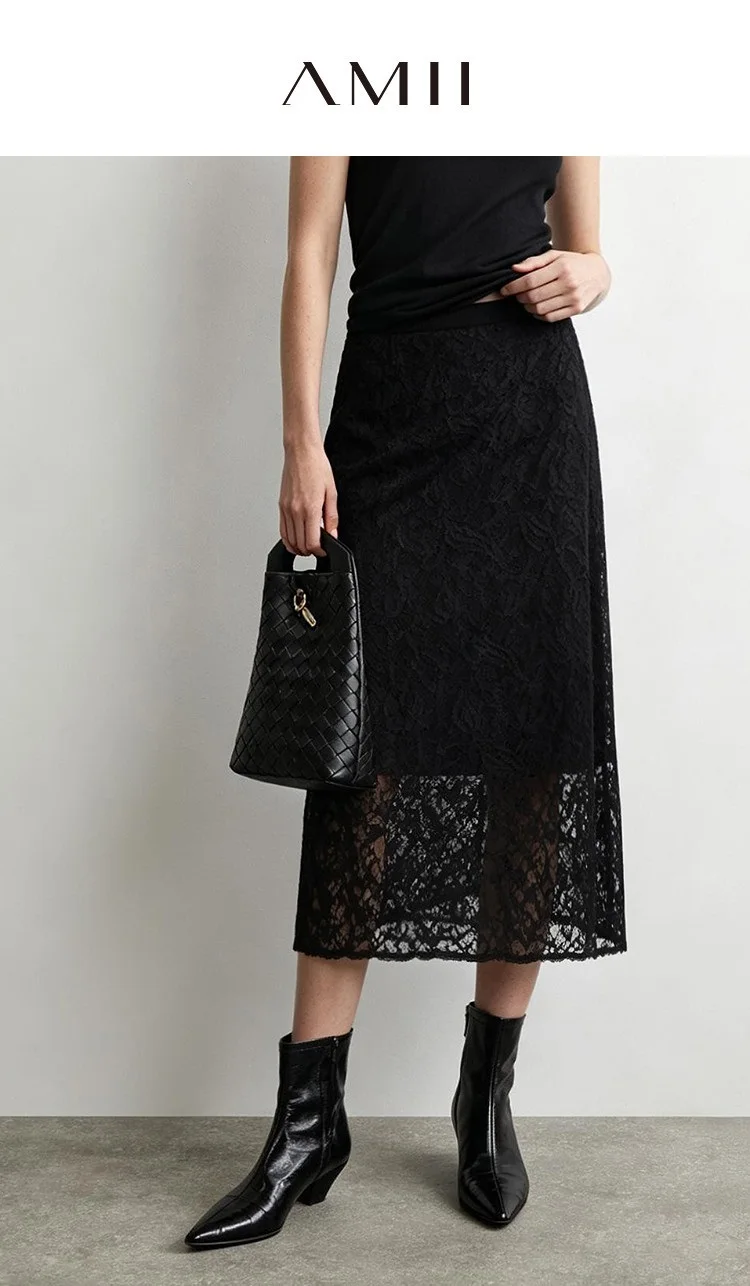 Amii 2026 Autumn New Skirt for Women Fashion Velvet Splice Paisley Lace Midi Skirt Split Straight Casual Woman Clothing 12643057