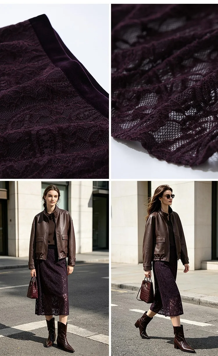 Amii 2026 Autumn New Skirt for Women Fashion Velvet Splice Paisley Lace Midi Skirt Split Straight Casual Woman Clothing 12643057