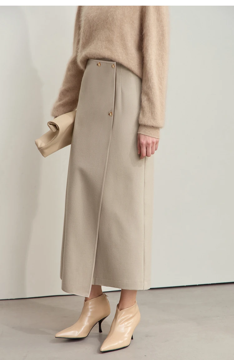 AMII Minimalist Double-sided Woolen Skirt For Women Elegant Commuter Skew Piece Slit High Waist 2025 Winter Midi Skirt 12444072