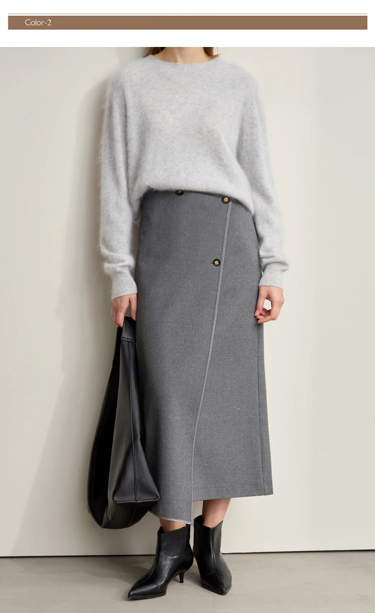 AMII Minimalist Double-sided Woolen Skirt For Women Elegant Commuter Skew Piece Slit High Waist 2025 Winter Midi Skirt 12444072