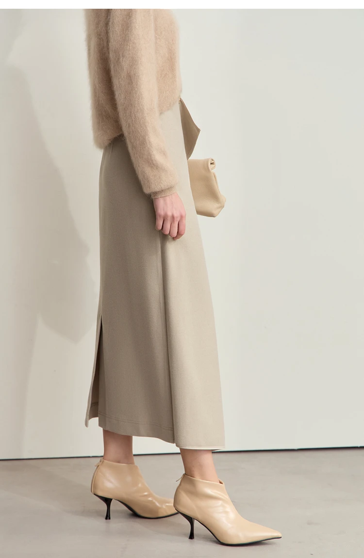 AMII Minimalist Double-sided Woolen Skirt For Women Elegant Commuter Skew Piece Slit High Waist 2025 Winter Midi Skirt 12444072