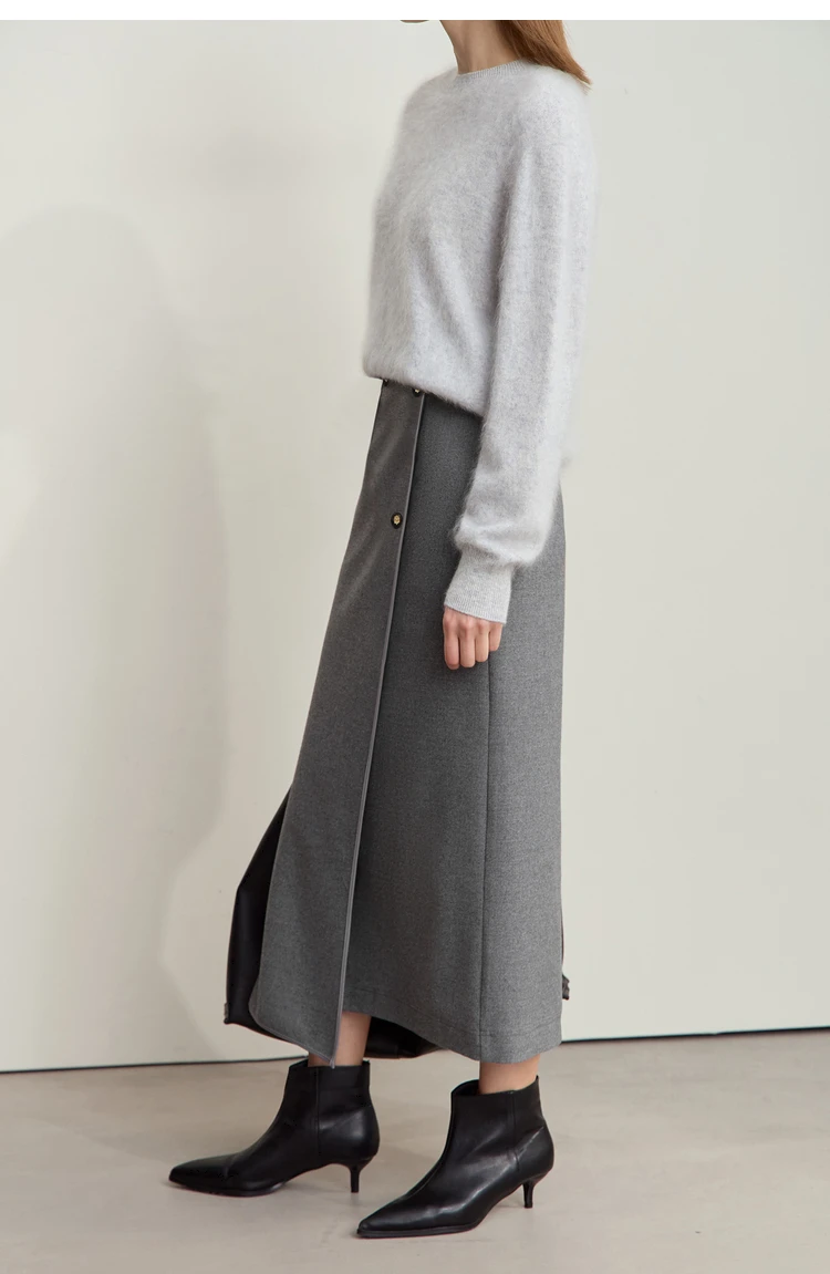 AMII Minimalist Double-sided Woolen Skirt For Women Elegant Commuter Skew Piece Slit High Waist 2025 Winter Midi Skirt 12444072