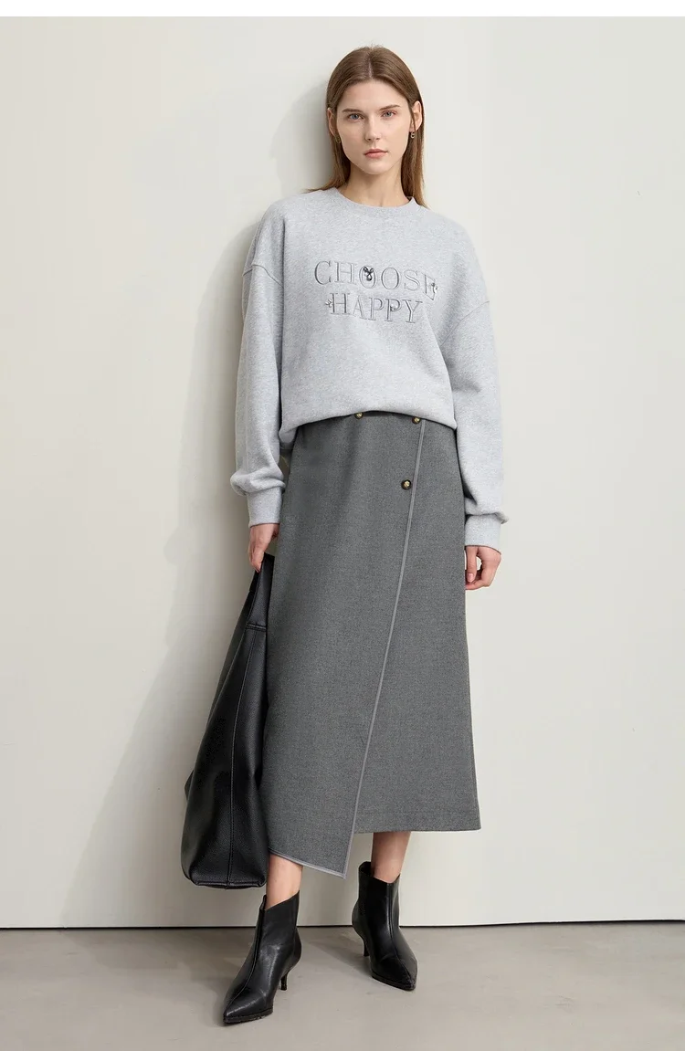 AMII Minimalist Double-sided Woolen Skirt For Women Elegant Commuter Skew Piece Slit High Waist 2025 Winter Midi Skirt 12444072
