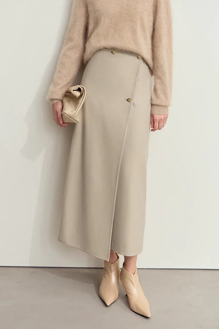 AMII Minimalist Double-sided Woolen Skirt For Women Elegant Commuter Skew Piece Slit High Waist 2025 Winter Midi Skirt 12444072