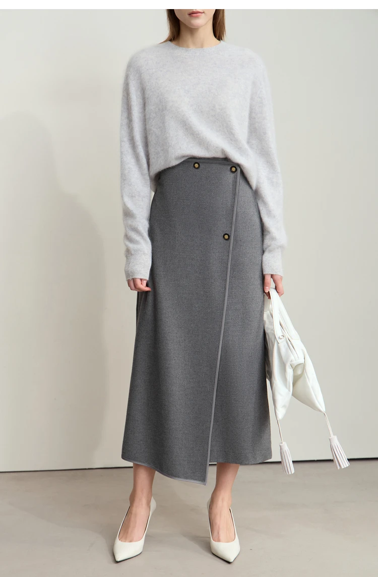 AMII Minimalist Double-sided Woolen Skirt For Women Elegant Commuter Skew Piece Slit High Waist 2025 Winter Midi Skirt 12444072