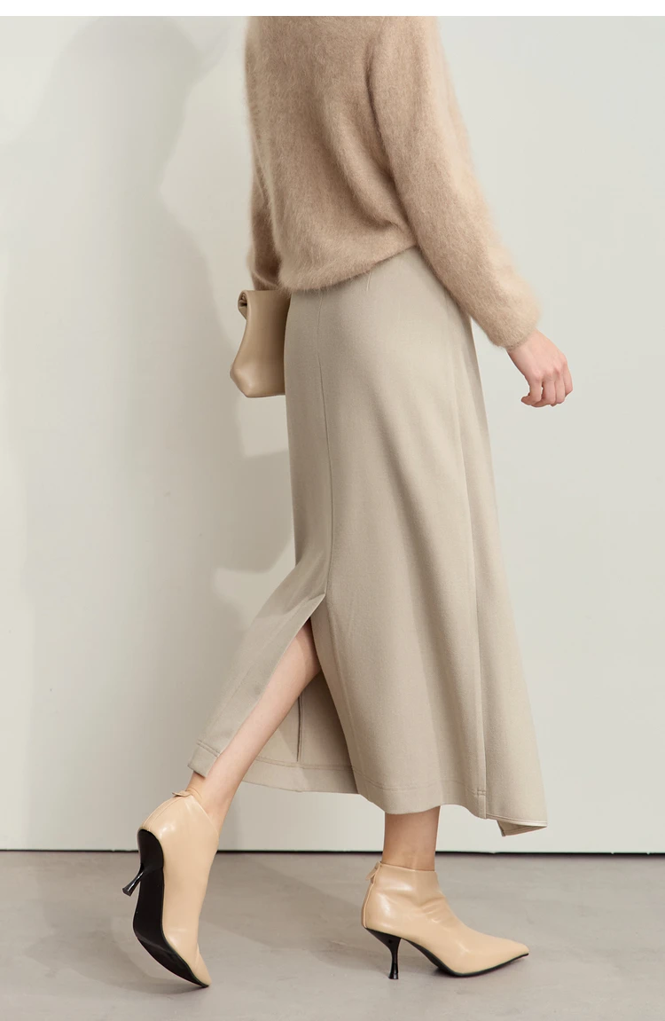 AMII Minimalist Double-sided Woolen Skirt For Women Elegant Commuter Skew Piece Slit High Waist 2025 Winter Midi Skirt 12444072