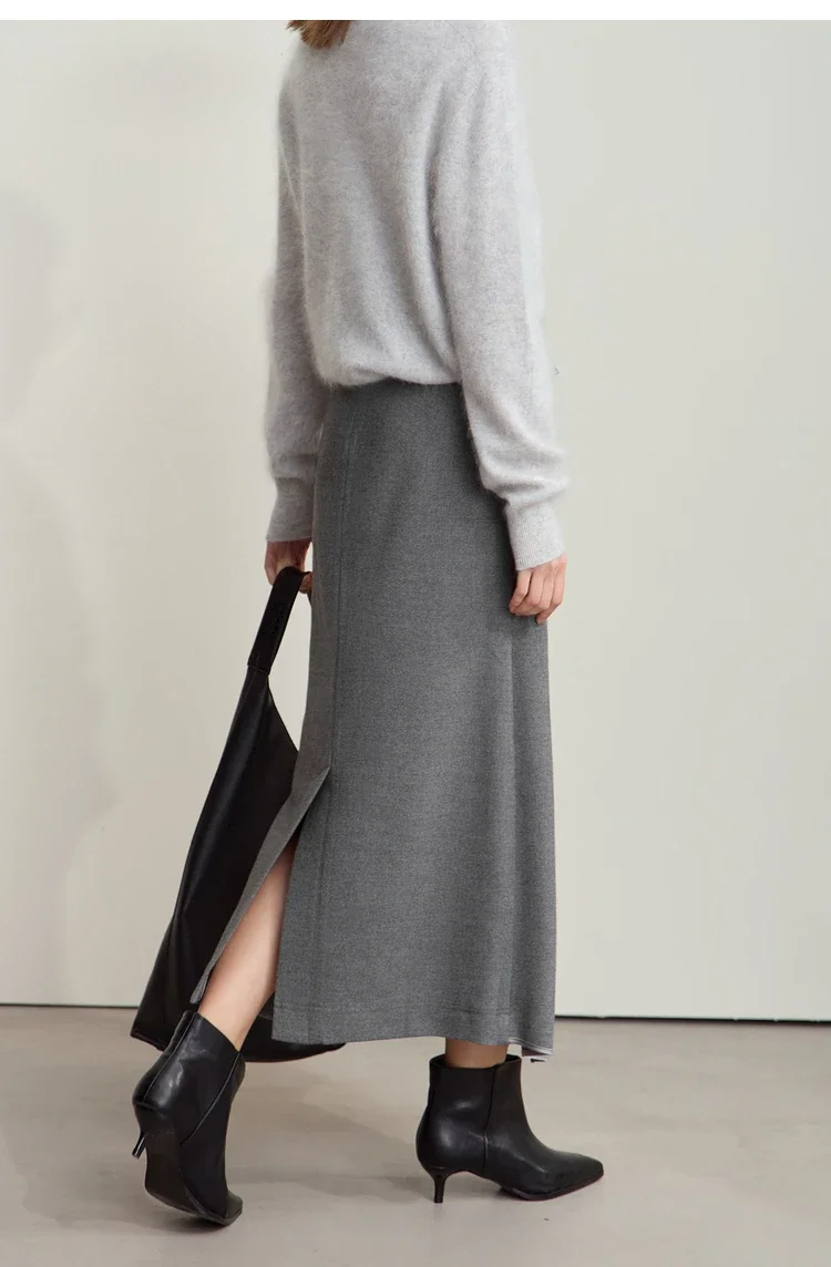 AMII Minimalist Double-sided Woolen Skirt For Women Elegant Commuter Skew Piece Slit High Waist 2025 Winter Midi Skirt 12444072