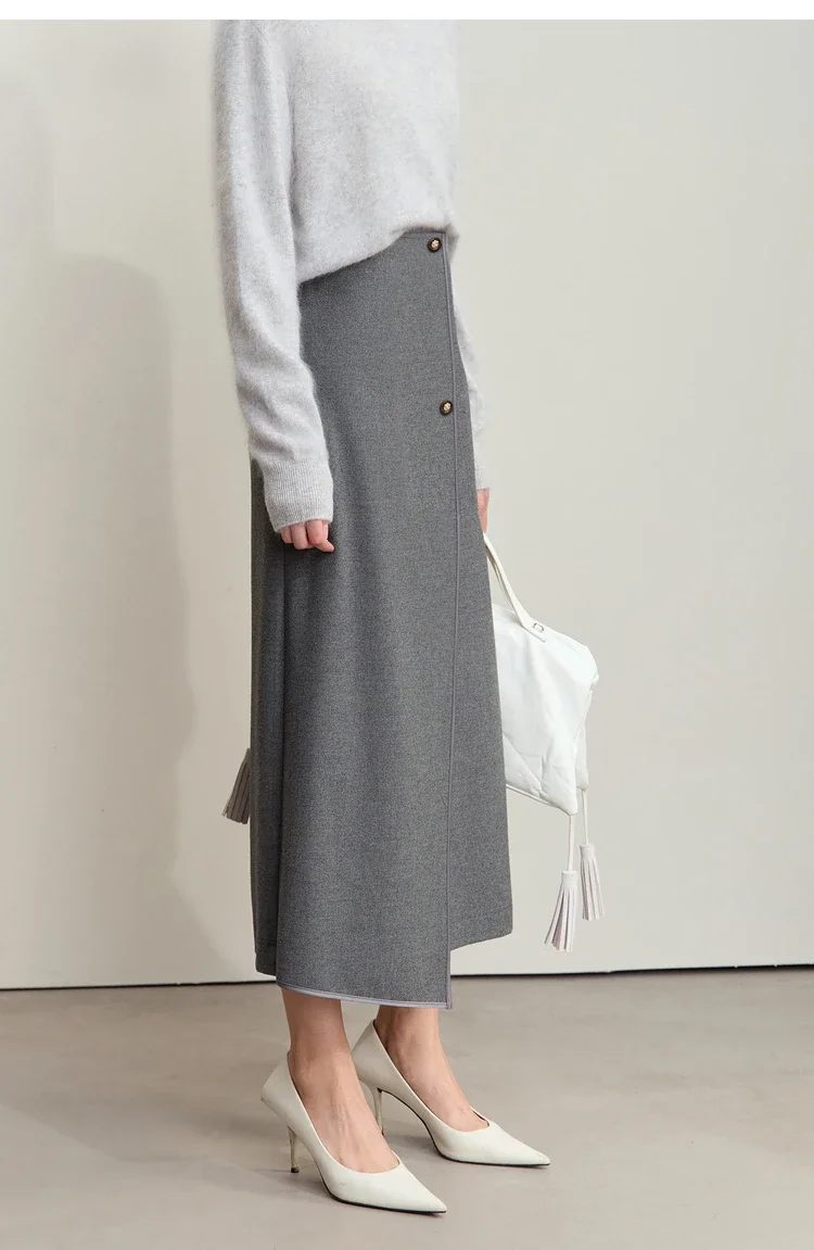 AMII Minimalist Double-sided Woolen Skirt For Women Elegant Commuter Skew Piece Slit High Waist 2025 Winter Midi Skirt 12444072