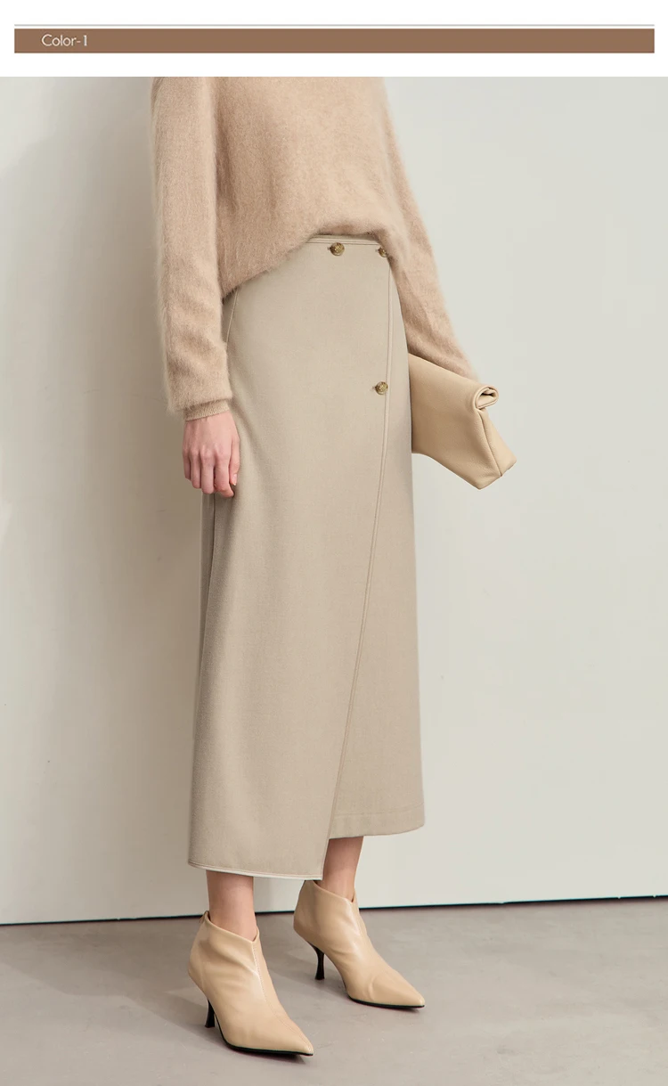 AMII Minimalist Double-sided Woolen Skirt For Women Elegant Commuter Skew Piece Slit High Waist 2025 Winter Midi Skirt 12444072