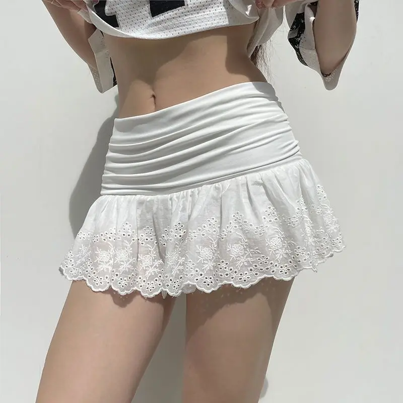 Embroidered Flower Lace Mini Skirt Y2K Streetwear Harajuku Ruched Skirts Double Layer See Through Lace Up Ruffles Skirt