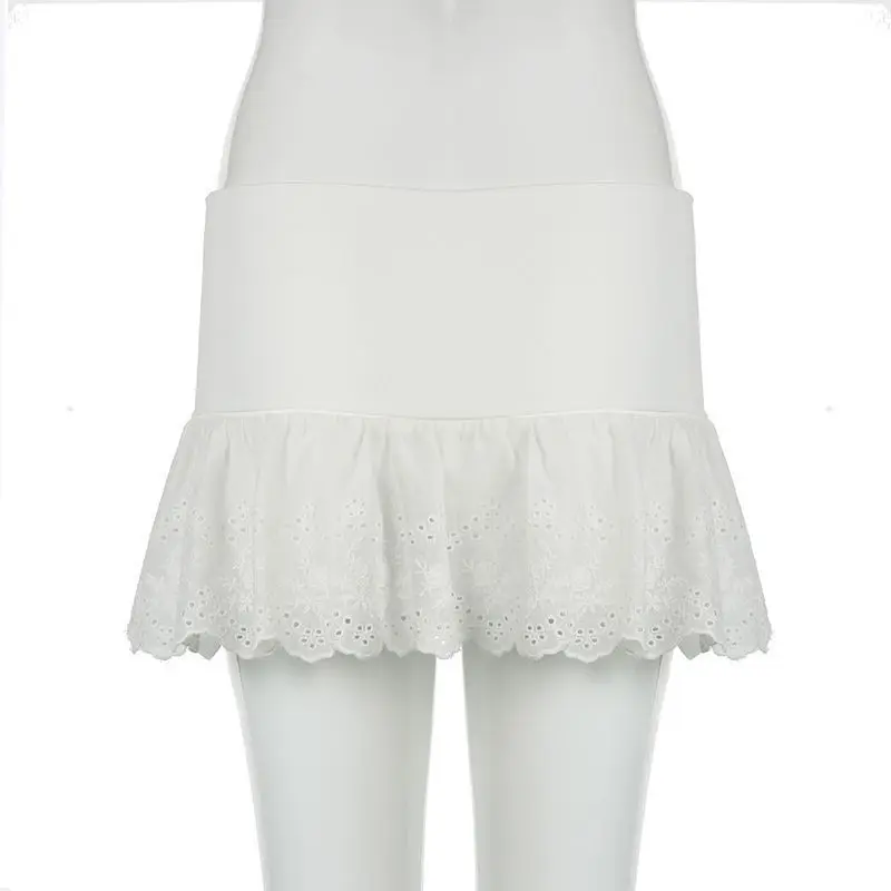 Embroidered Flower Lace Mini Skirt Y2K Streetwear Harajuku Ruched Skirts Double Layer See Through Lace Up Ruffles Skirt