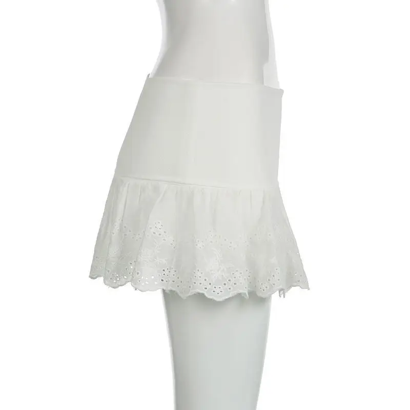 Embroidered Flower Lace Mini Skirt Y2K Streetwear Harajuku Ruched Skirts Double Layer See Through Lace Up Ruffles Skirt