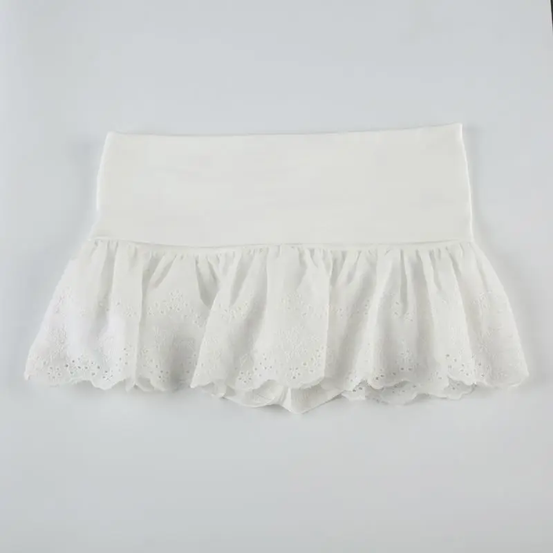 Embroidered Flower Lace Mini Skirt Y2K Streetwear Harajuku Ruched Skirts Double Layer See Through Lace Up Ruffles Skirt
