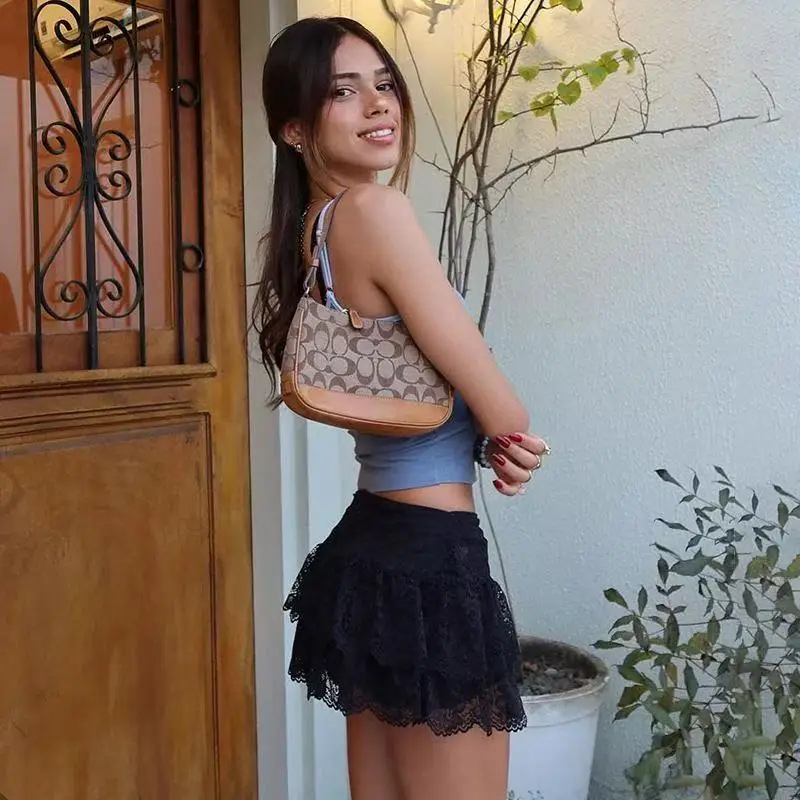 Embroidered Flower Lace Mini Skirt Y2K Streetwear Harajuku Ruched Skirts Double Layer See Through Lace Up Ruffles Skirt