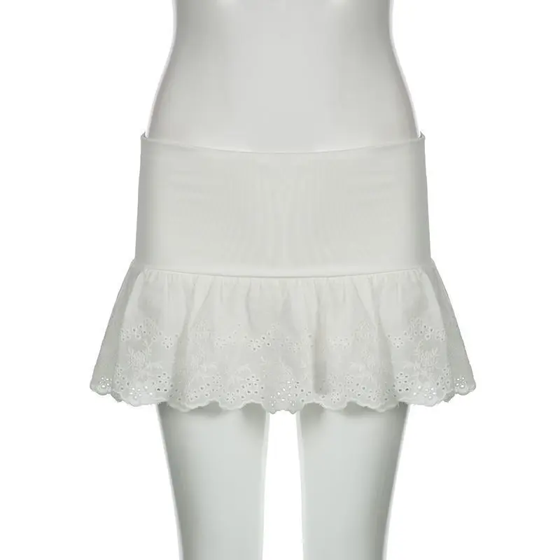 Embroidered Flower Lace Mini Skirt Y2K Streetwear Harajuku Ruched Skirts Double Layer See Through Lace Up Ruffles Skirt