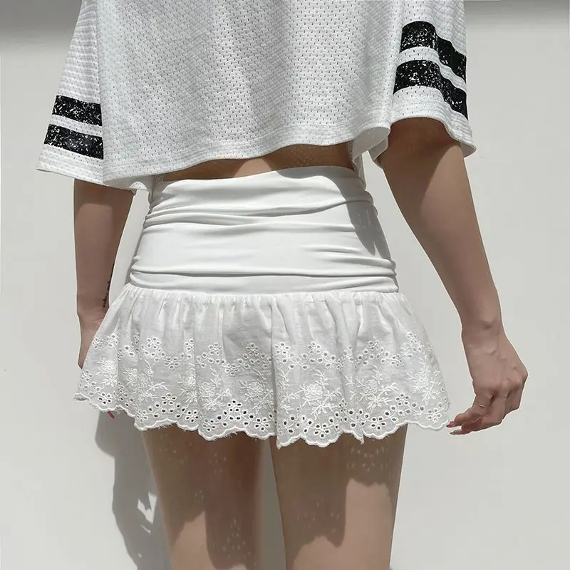 Embroidered Flower Lace Mini Skirt Y2K Streetwear Harajuku Ruched Skirts Double Layer See Through Lace Up Ruffles Skirt