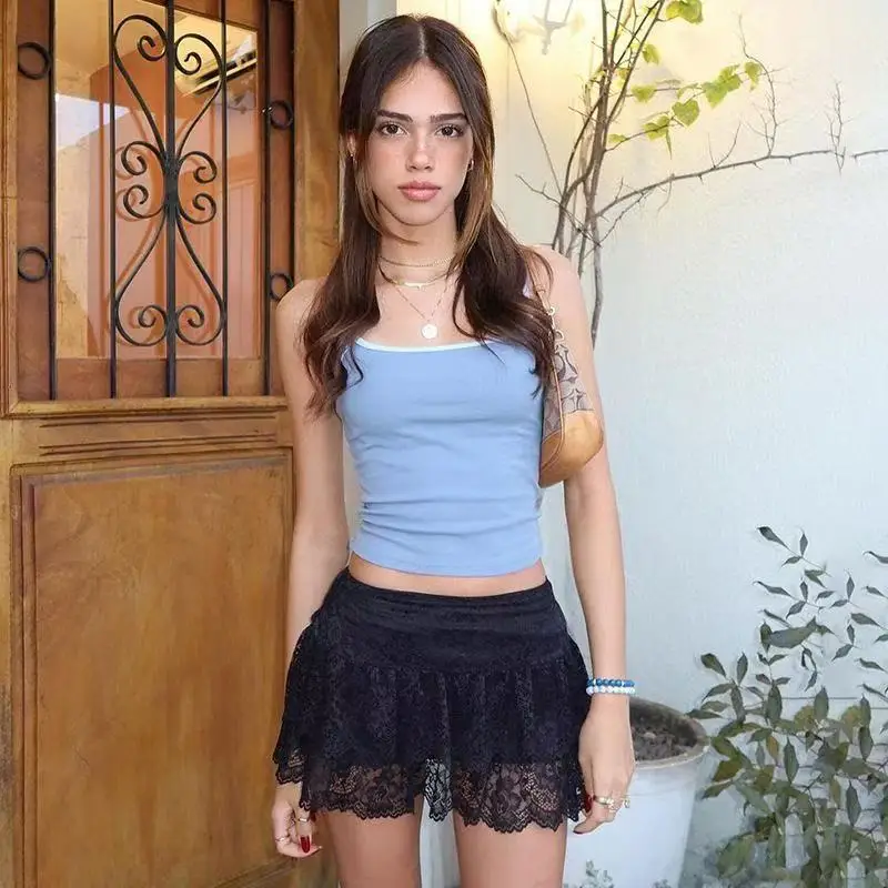 Embroidered Flower Lace Mini Skirt Y2K Streetwear Harajuku Ruched Skirts Double Layer See Through Lace Up Ruffles Skirt