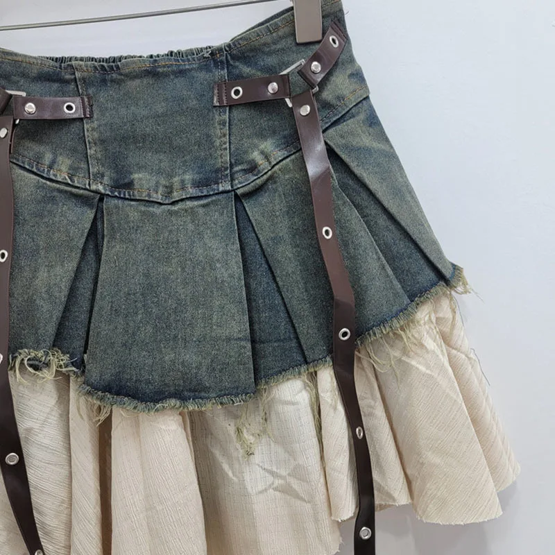 DEAT 2024 Autumn New Fashion Women's Splicing Denim Pleated Skirt High Waist Contrast Color A-line Skirts Female Trendy 33A1929