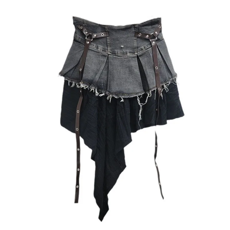 DEAT 2024 Autumn New Fashion Women's Splicing Denim Pleated Skirt High Waist Contrast Color A-line Skirts Female Trendy 33A1929