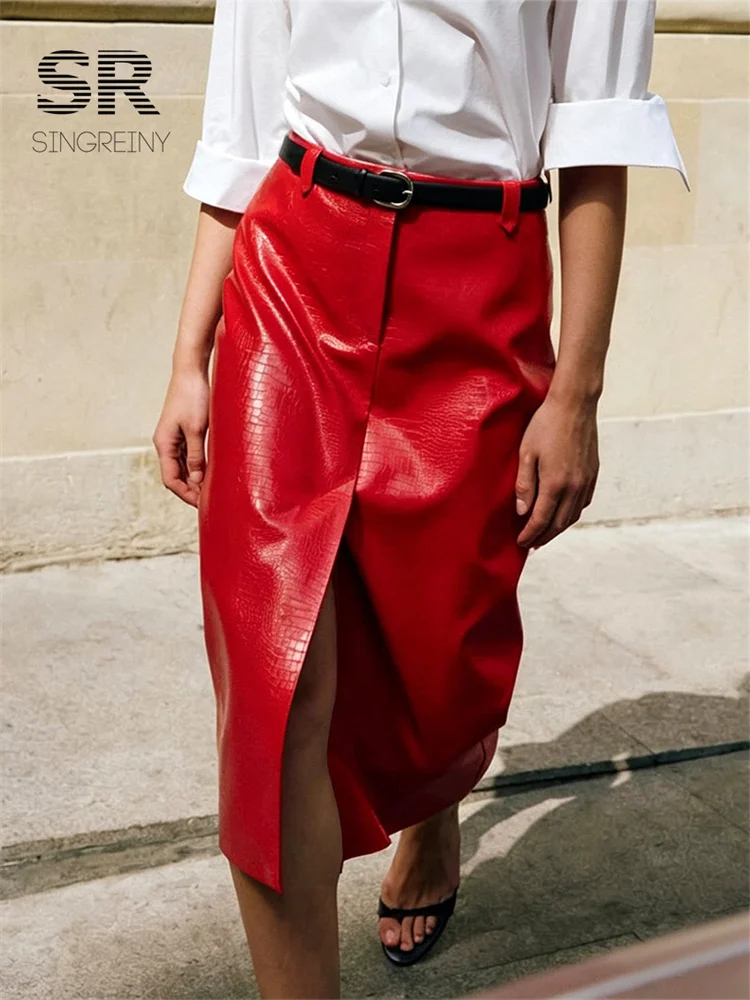 SINGREINY Autumn Fake Crocodile Grain Leather Midi Skirts Women Streetwear Winter Plaid Textural Luxury Leather Long Skirts