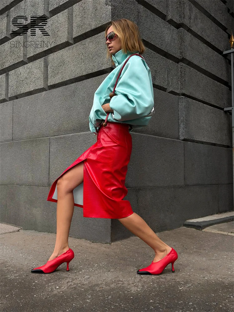 SINGREINY Autumn Fake Crocodile Grain Leather Midi Skirts Women Streetwear Winter Plaid Textural Luxury Leather Long Skirts